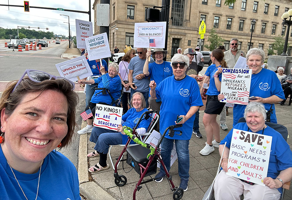 Sr. Eilis McCulloh with other Sisters of the Humility of Mary at the No Kings Day march on June 14, 2025, in Youngstown, Ohio (Eilis McCulloh)
