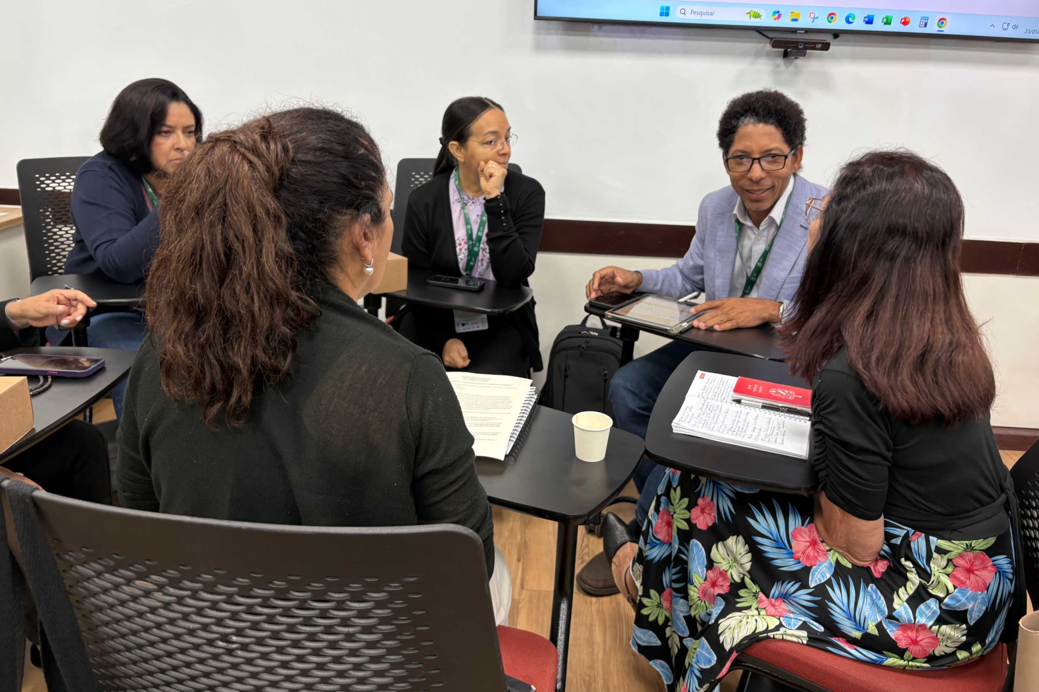 Salesian Sr. Ana Julia Suriel Sánchez (center), along with peer university presidents or representatives, during the synodal conversations at the Ibero American conference of university presidents on the tenth anniversary of Laudato Si'. (Luis Donaldo González)