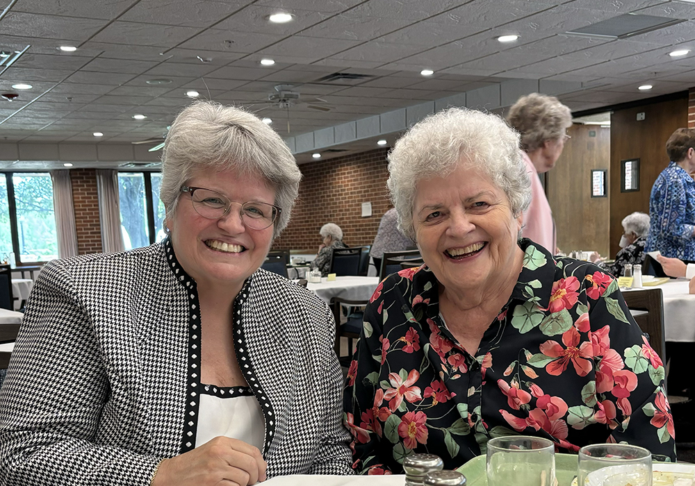 Benedictine Srs. Lynn McKenzie, left, and Esther Fangman right, during McKenzie’s last visit to Fangman’s monastery in Atchison, Kansas, in her official role as president of the Congregation of St. Scholastica, in 2025. Fangman died Aug. 11. (Courtesy of Lynn McKenzie)