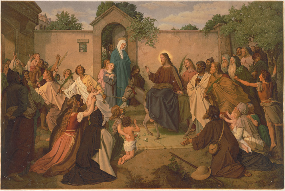 "Jesus Christ riding into village on donkey to both fear and adoration" by Anonymous, 1890 (Artvee)