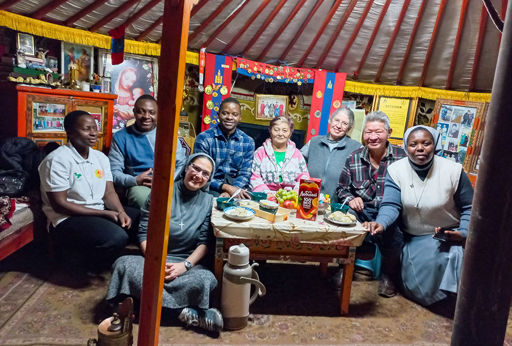 Consolata Missionary Sisters and Fathers visit a family in Arvaikheer, Mongolia. (Courtesy of Francesca Allasia)