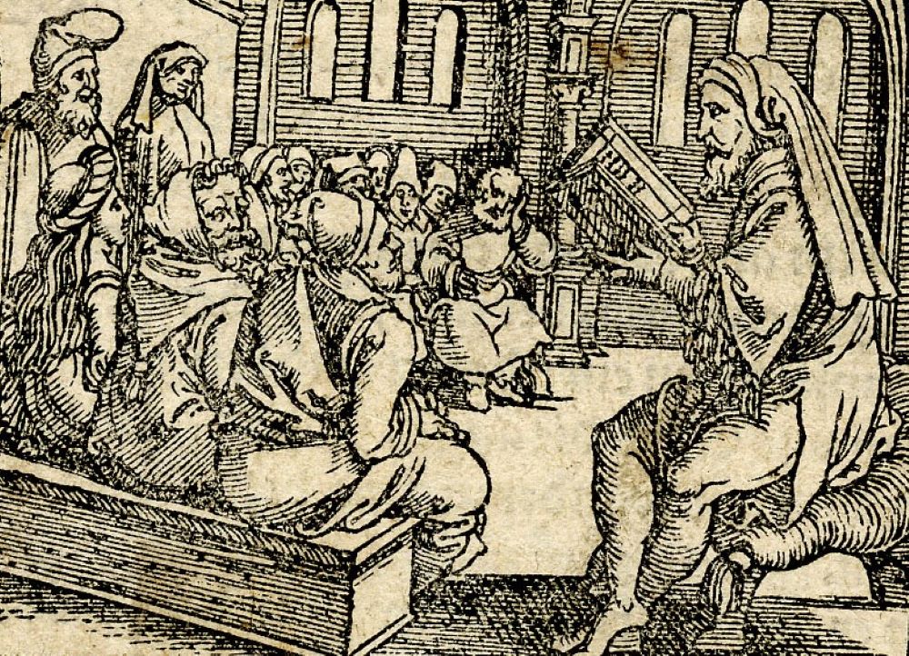 The Old Testament prophet Amos, right, is depicted in a 1533 woodcut print. 