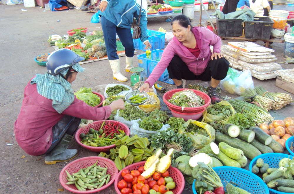 Woman buys vegetables.