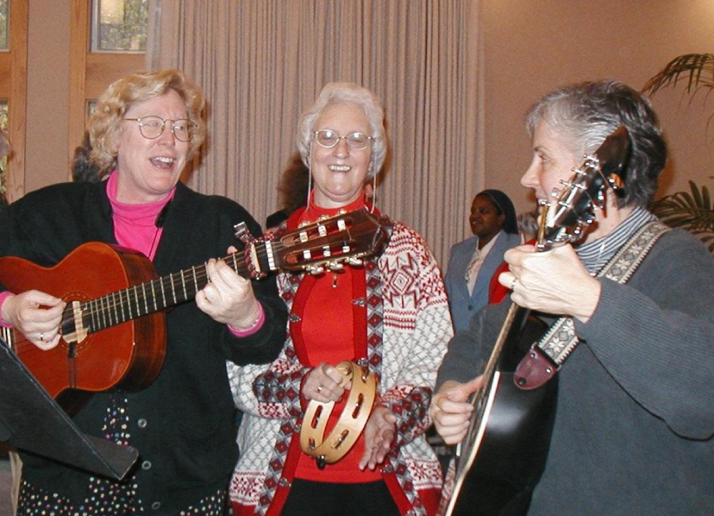 Sr. Patty Boss, Sr. Gene McNally and Sr. Pat Farrell playing music at mass in San Rafael. (Courtesy of Sr. Pat Farrell)