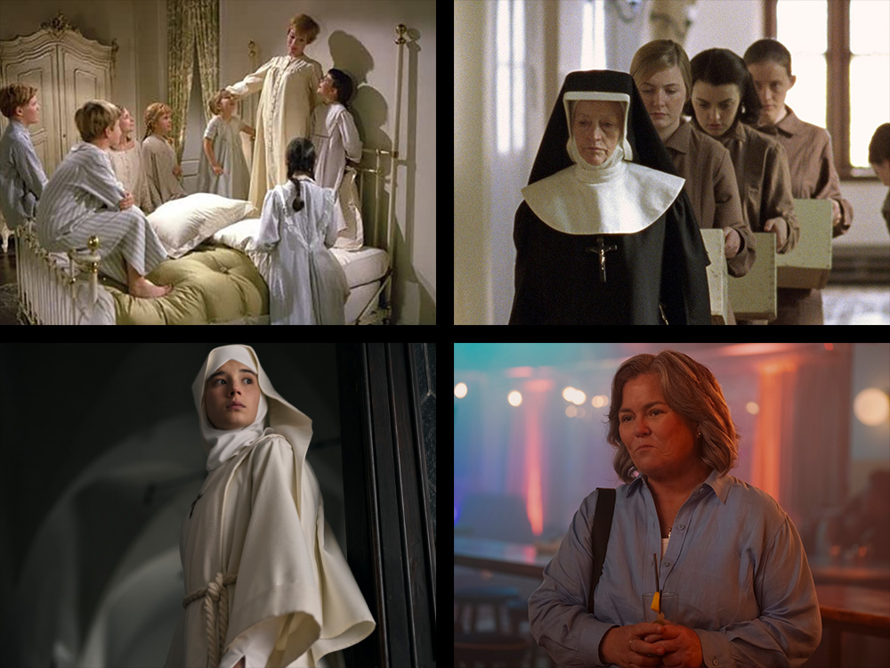 Clockwise from upper left, women religious characters in scenes from: "The Sound of Music" (CNS/Twentieth Century Fox); "The Magdalene Sisters" (CNS/Miramax Films); "And Just Like That ..." (Max/Craig Blankenhorn); "Sister Death" (Netflix)