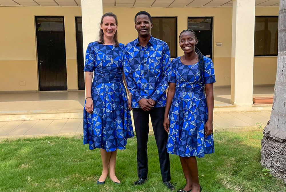 From left, Scalabrinian Sr. Carla Luisa Frey Bamberg, Christopher Joseph and Blessed Bucon, colleagues from the Episcopal Commission for the Pastoral Care of Migrants and Itinerant People, after a workshop in Luanda, Angola (Courtesy of Carla Luisa Frey Bamberg)