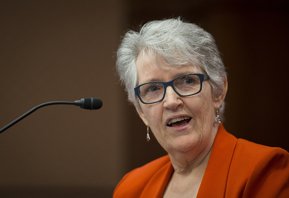 Good Shepherd Sr. Winifred Doherty, who served as her religious congregation's U.N. representative, speaks about human trafficking at the U.S. Capitol in Washington in this May 15, 2018, photo. (CNS/Tyler Orsburn)