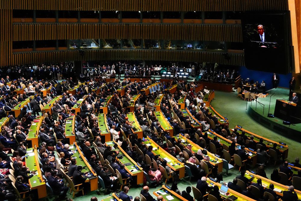 Secretary-General António Guterres speaks during the 80th session of the United Nations General Assembly Sept. 23 at U.N. headquarters in New York City. (AP/Yuki Iwamura)