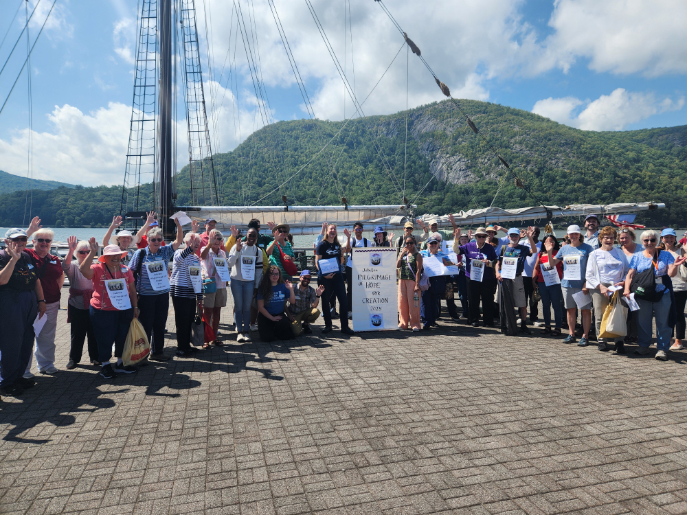 Nearly 50 people representing sister congregations, Catholic and non-Catholic environmental and religious and secular allies journeyed up New York's Hudson River for the pilgrimage. (GSR photo/Chris Herlinger)