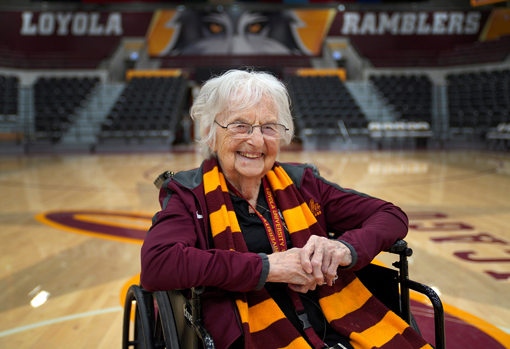 Sr. Jean Dolores Schmidt, the Loyola University men's basketball chaplain and school celebrity, sits for a portrait in The Joseph J. Gentile Arena, on Monday, Jan. 23, 2023, in Chicago. (AP photo/Jessie Wardarski, file)