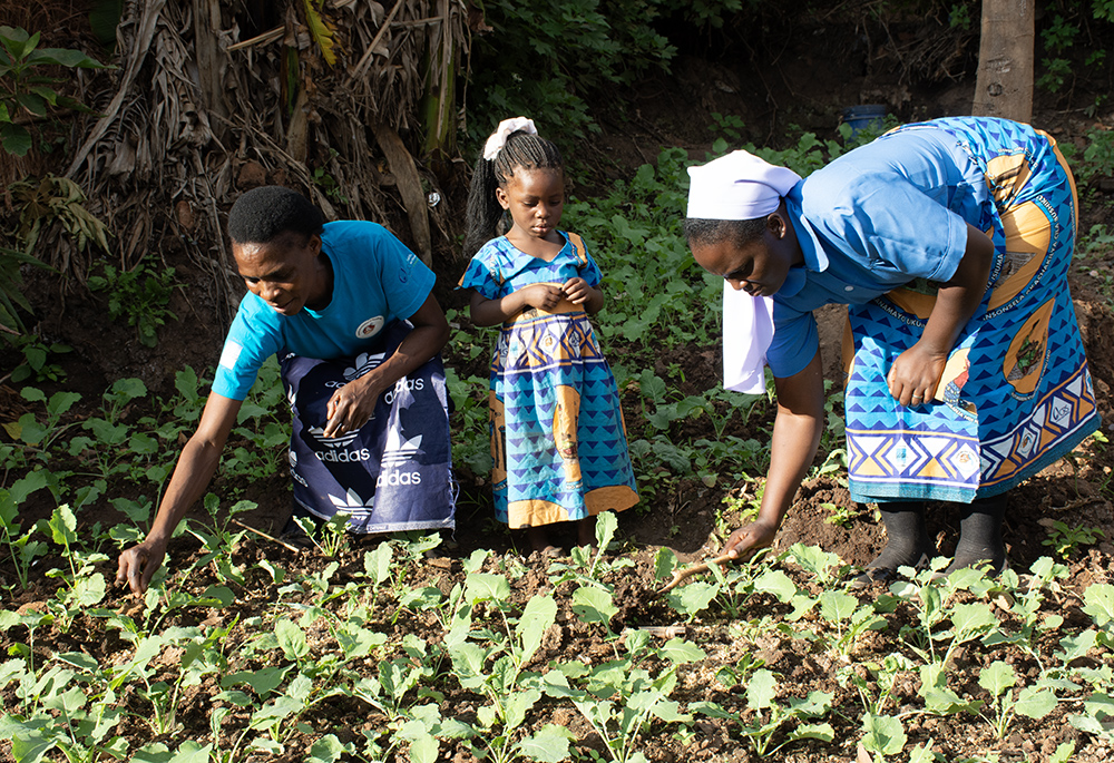 Sr. Christabel Kazembe joins SCORE-ECD beneficiary Alice Soko in the vegetable garden, a source of healthy food for mothers and their children. (Derrick Silimina)
