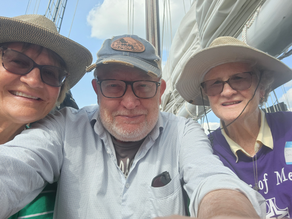 GSR correspondent Chris Herlinger, with Dominican Sr. Terry Rickard, left, and Sr. of Mercy Catherine Darcy during the Sept. 5 Hudson River Pilgrimage of Hope for Creation. (GSR photo/Chris Herlinger)