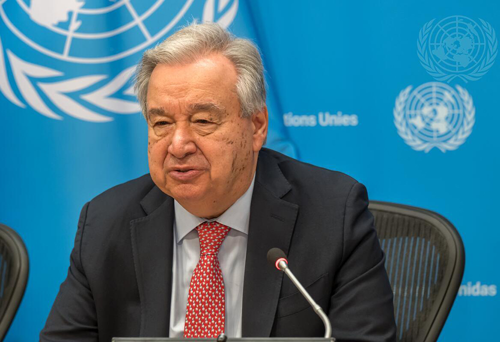 United Nations Secretary-General António Guterres speaks to reporters on July 14, the day the U.N. issued a report on the status of the world body's sustainable development goals. (Courtesy of U.N./Mark Garten)