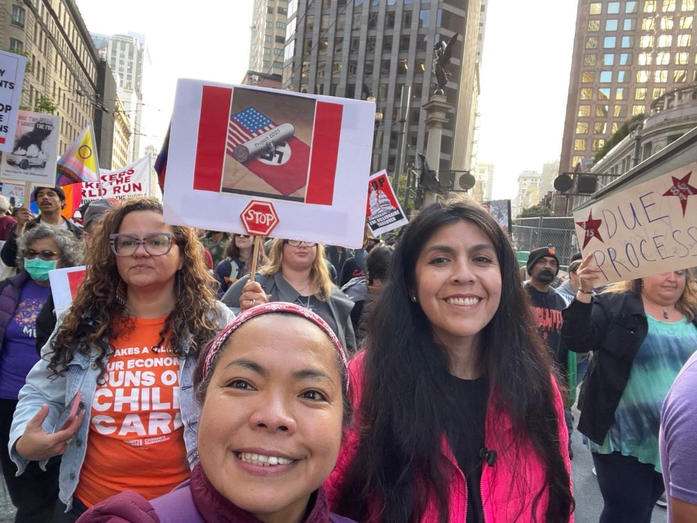 Sr. Nodelyn Abayan, center, with friends Ericka Erickson, left, and Maria Jose Bastias, right, May 1. (Nodelyn Abayan)