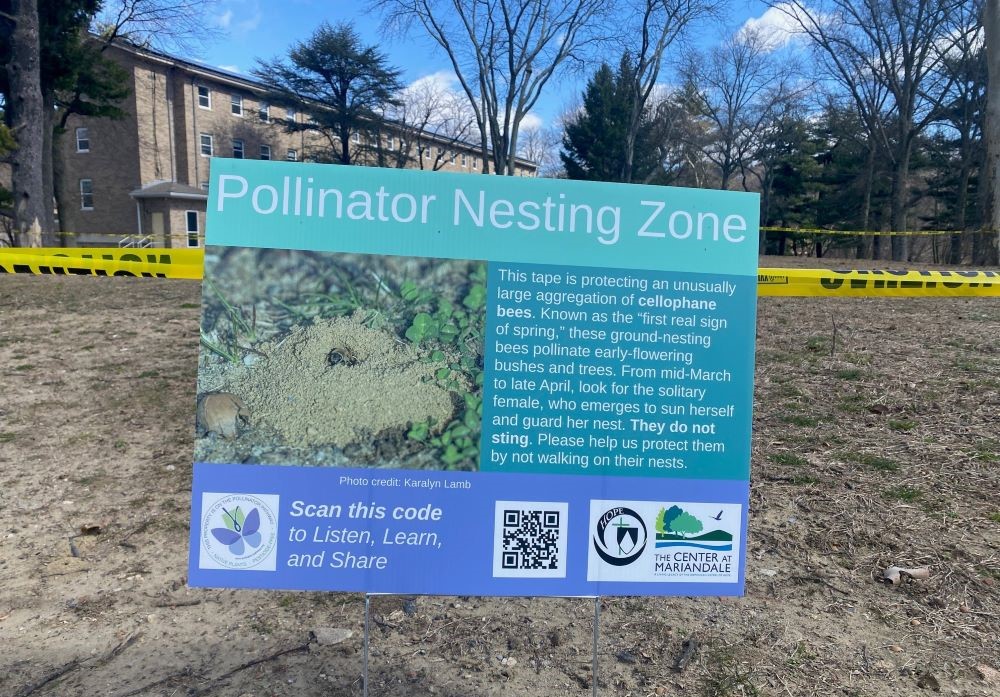 Sign at Mariandale, New York, land says "pollinator nesting zones." 