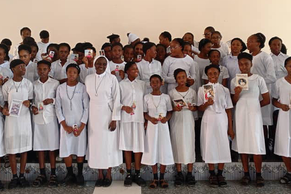 Antonia Uche during her visit to the Government Science Technical College in Garki, Abuja, Nigeria, to enroll students in the Universal Living Rosary Association in January 2025. (Courtesy of Antonia Uche)
