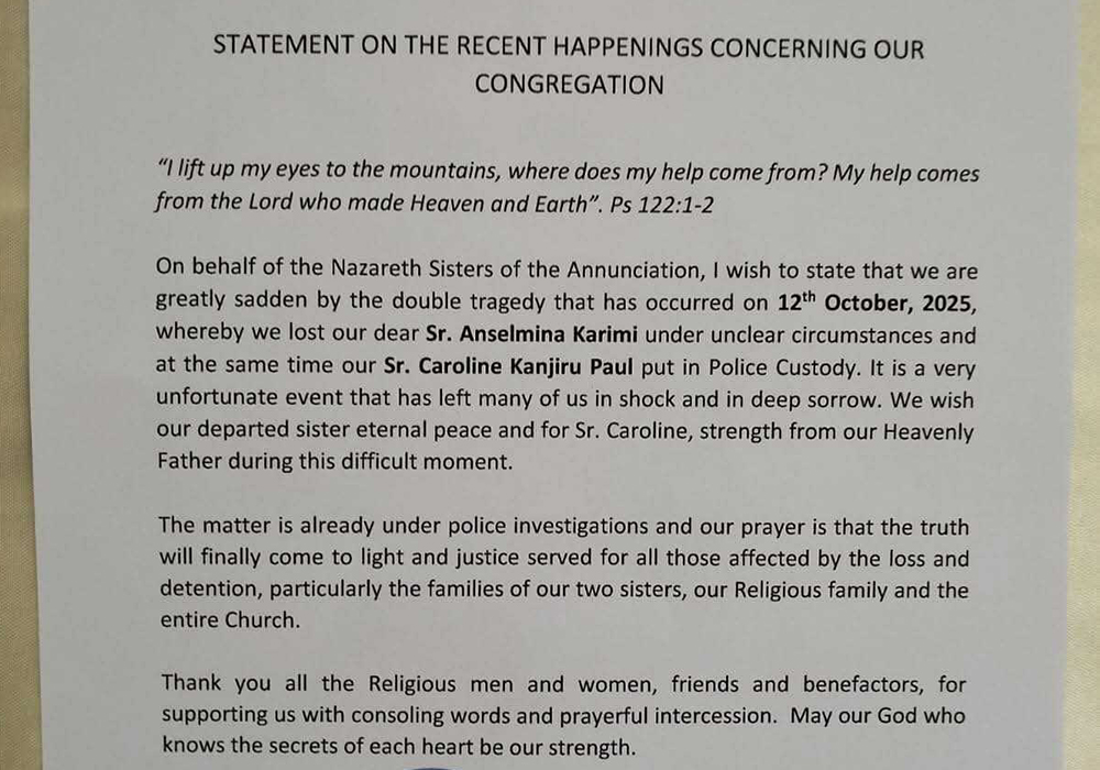 Statement released Oct. 15 by the Nazareth Sisters of the Annunciation regarding the death of Sr. Anselmina Karimi and arrest of Sr. Caroline Kanjiru (GSR photo/Doreen Ajiambo)