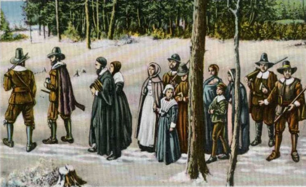 Postcard depicts first Thanksgiving.