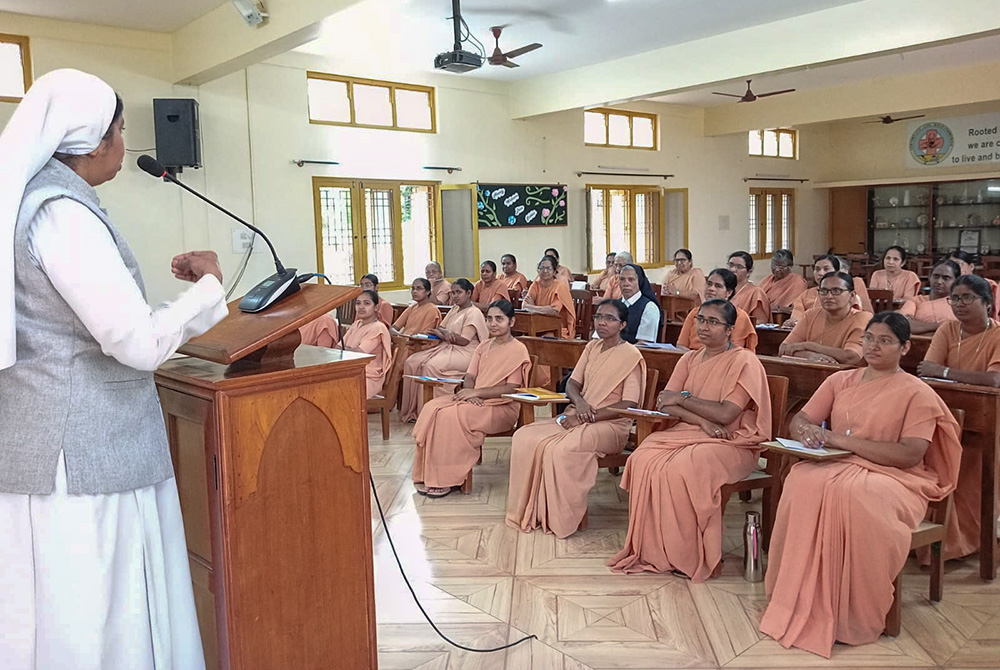 Adorers of the Blood of Christ Sr. Jessie D'Souza, a psychologist and trainer, addresses a group of sisters from St. Joseph of Tarbes on Oct. 11, 2025, at Mysuru, Karnataka state, India. (Courtesy of Jessie D'Souza)