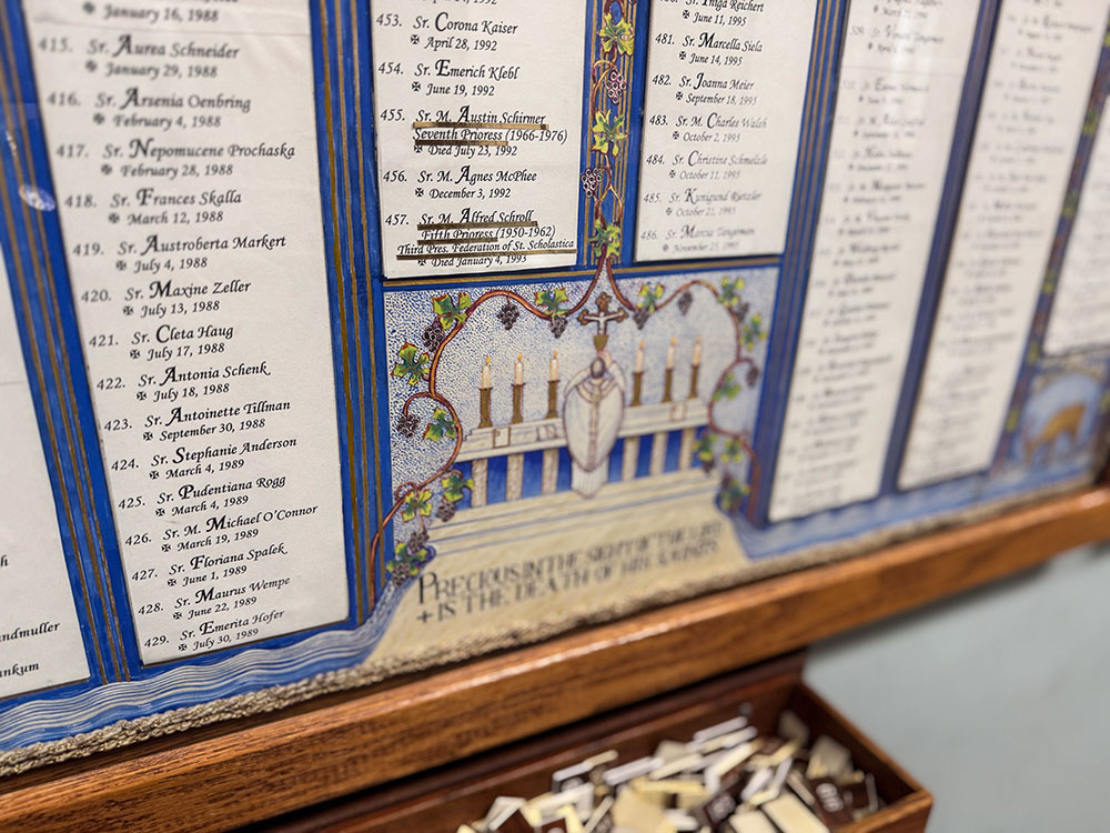 The necrology board at Mount St. Scholastica in Atchison, Kansas, lists the names and dates of sisters who have gone before, a daily reminder for the community to carry them in prayer. (GSR photo/Helga Leija)