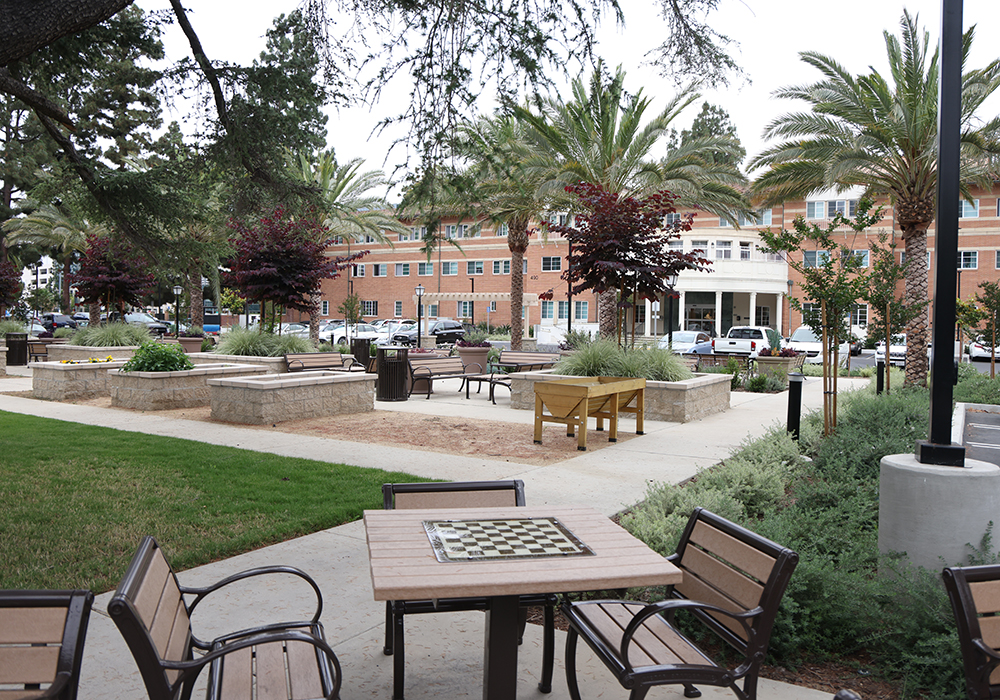 The garden area in front of Villa St. Joseph in Orange, California, is seen at the senior housing complex's grand opening on June 3, 2025. The building had been the motherhouse of the Sisters of St. Joseph of Orange. (Courtesy of the Sisters of St. Joseph of Orange/Sandy Huffaker)
