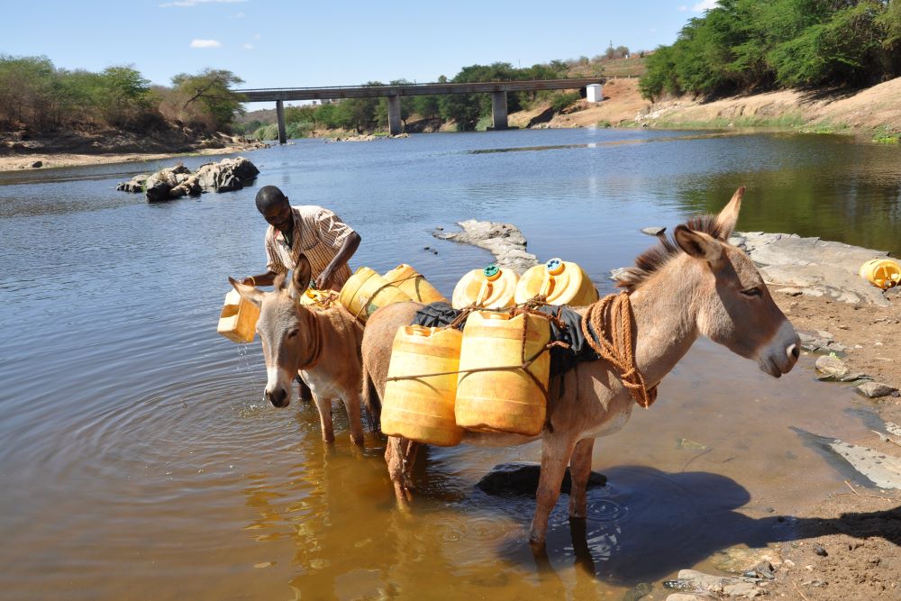 A man collects water from the Athi River near Yathui, Kenya, Oct. 27, 2021. He will use the water to irrigate crops on dry farmland. Erratic climate patterns across the African continent, including droughts and typhoons, are disrupting people's lives, esp