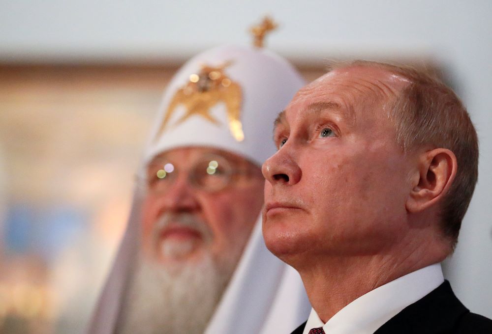 Russian President Vladimir Putin and Russian Orthodox Patriarch Kirill of Moscow visit an exhibition in Moscow in this Nov. 4, 2019, file photo. The Vatican has appealed to Kirill to intervene and ask Russian President Vladimir Putin to end the war. 