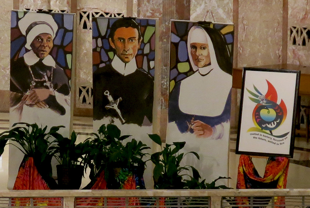 Banners portraying Mother Mary Lange, founder of the Oblate Sisters of Providence, Redemptorist Fr. Louis Gillet and Mother Theresa Maxis Duchemin, founders of the Sisters, Servants of the Immaculate Heart of Mary (IHM Communication Office of Monroe)