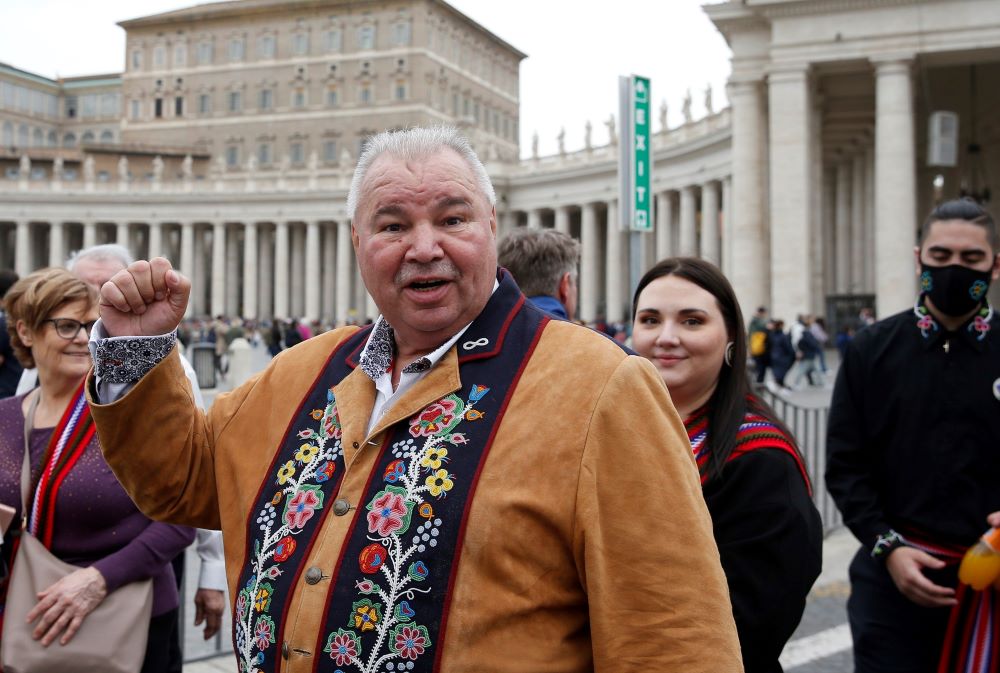 David Chartrand, president of the Manitoba Métis Federation, gestures with this fist following a meeting of a Canadian Métis delegation with Pope Francis at the Vatican April 21. (CNS/Paul Haring)