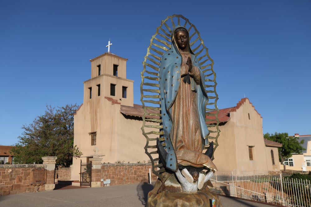 A sculpture is pictured outside the Sanctuary of Our Lady of Guadalupe in Santa Fe, N.M., May 20, 2021. It is the oldest church in the United States dedicated to Our Lady of Guadalupe and is listed on the New Mexico State Register of Cultural Properties. 