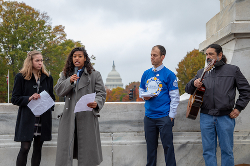 Trinity Cooper and Abigail Gonzales from Bishop O'Dowd High School in Oakland, Ca. speak on environmental justice on Capitol Hill. (Photo by Kelly Swan/Ignatian Solidarity Network)