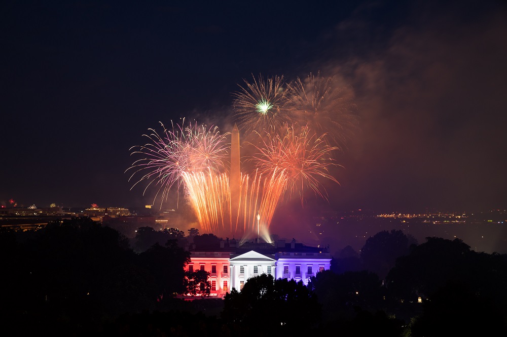 Fireworks appear above the White House North Portico, lit in red, white and blue lights, July 4, 2020, during the Salute to America Fourth of July celebration. (Official White House photo/Keegan Barber) Fireworks appear above the White House North Portico, lit in red, white and blue lights, July 4, 2020, during the Salute to America Fourth of July celebration. (Official White House photo/Keegan Barber)