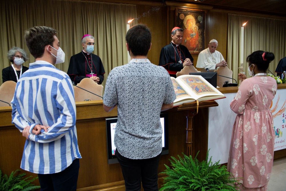 Pope Francis leads a meeting with cardinals, bishops, priests, religious and laypeople from around the world in the Synod Hall at the Vatican Oct. 9, 2021. (CNS/Paul Haring)