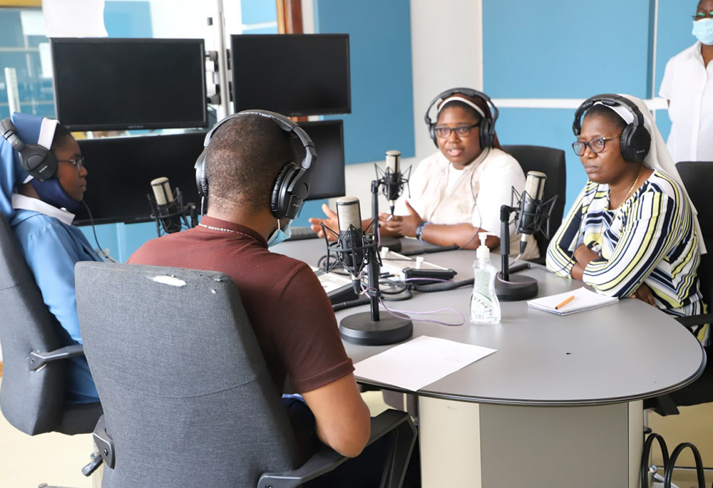 Sisters discuss human trafficking as they broadcast from Radio Maria Yatsani Voice 99.3 FM in Lusaka, Zambia. (Sr. Eucharia Madueke)