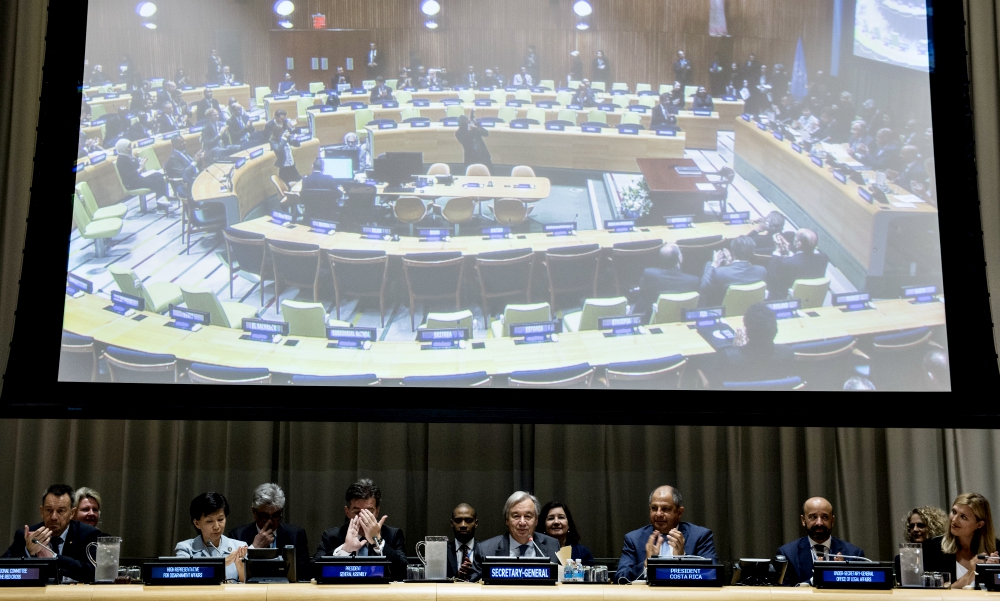 U.N. Secretary-General António Guterres, center, speaks at the signing ceremony for the Treaty on the Prohibition of Nuclear Weapons Sept. 20. (U.N. photo/Kim Haughton)