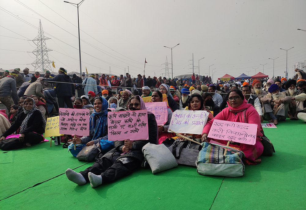 Catholic nuns join women supporting the farmers’ protests on the borders of the Indian capital. (Courtesy of Dorothy Fernandes)