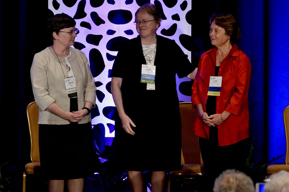 Sr. Jayne Helmlinger (center), a Sister of St. Joseph of Orange, began her term as president of the Leadership Conference of Women Religious at the group's 2019 assembly in Scottsdale, Arizona. (GSR photo/Dan Stockman)