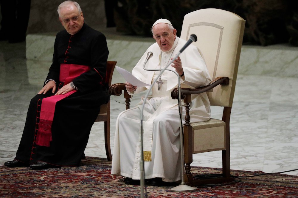 Pope Francis delivers his message on the occasion of the weekly general audience in the Paul VI hall at the Vatican Oct. 21. (AP/Gregorio Borgia)