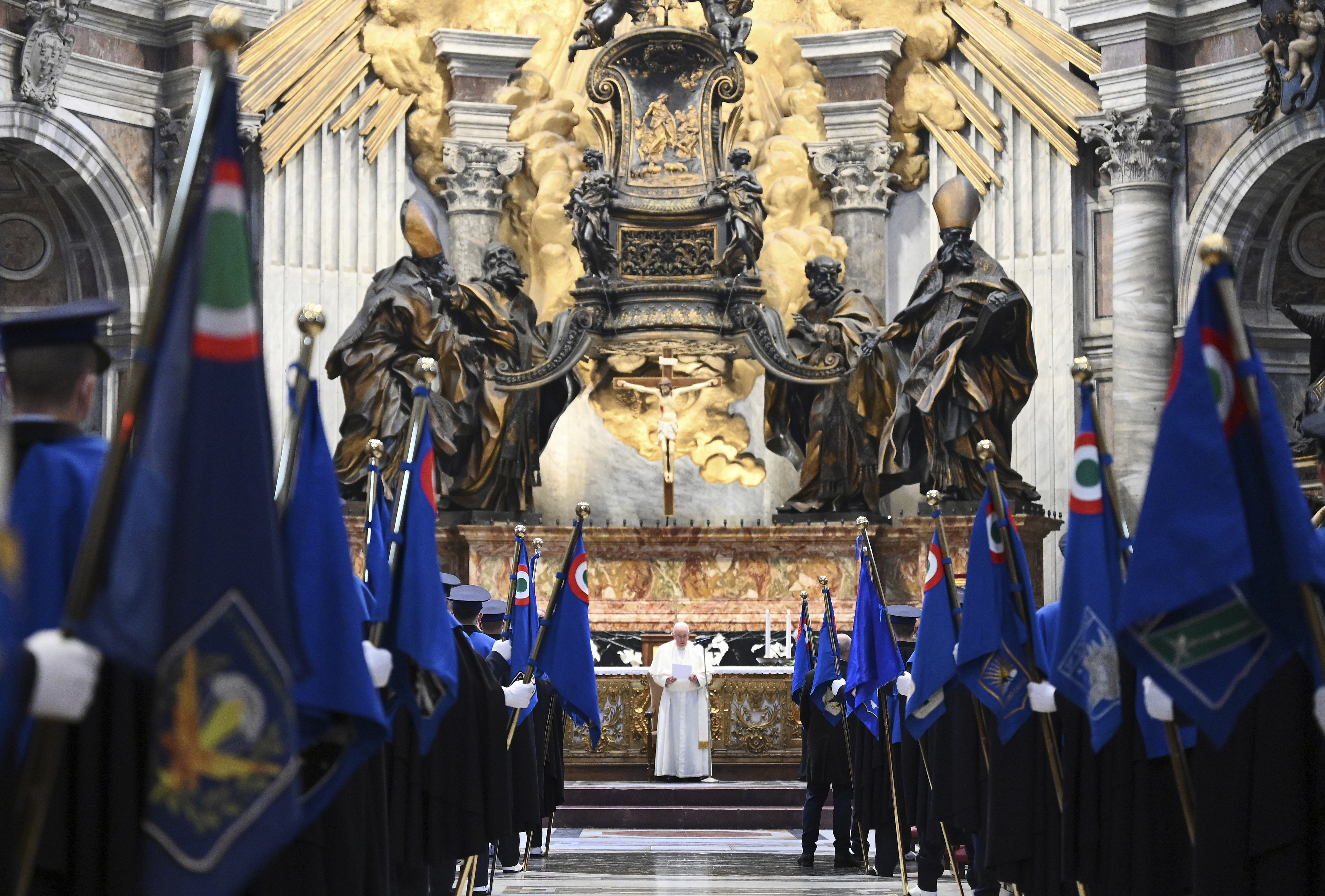 Pope Francis delivers his speech during an audience with members of the Italian Air Force, in St. Peter's Basilica at the Vatican, Friday, Dec. 10, 2021. (Vincenzo Pinto/Pool photo via AP) Pope Francis delivers his speech during an audience with members of the Italian Air Force, in St. Peter's Basilica at the Vatican, Friday, Dec. 10, 2021. (Vincenzo Pinto/Pool photo via AP)