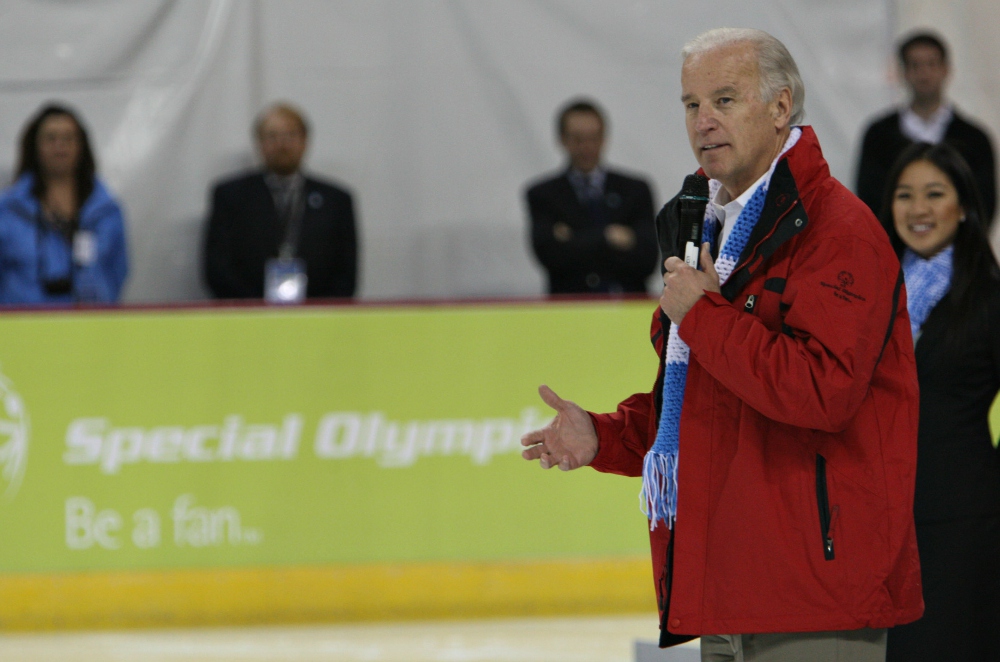 Vice President Joe Biden speaks to the audience at the Special Olympics pairs ice skating competition on Feb. 12, 2009, in Boise, Idaho. (AP Photo/Matt Cilley)