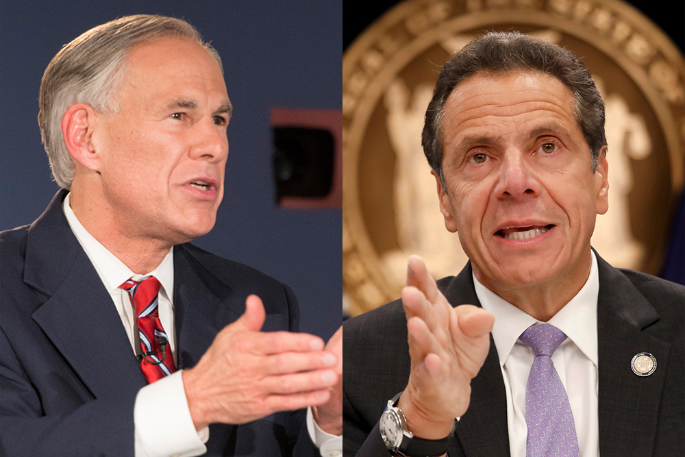 Texas Gov. Greg Abbott (Flickr/LBJ Library/Jay Godwin); New York Gov. Andrew Cuomo (CNS/Reuters/Shannon Stapleton) Texas Gov. Greg Abbott (Flickr/LBJ Library/Jay Godwin); New York Gov. Andrew Cuomo (CNS/Reuters/Shannon Stapleton)