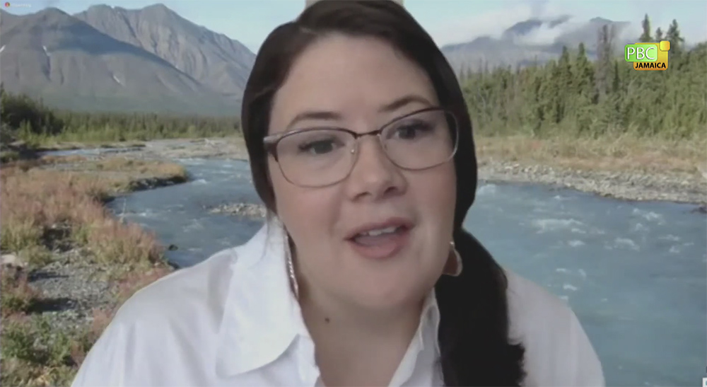 Kluane Adamek, Yukon regional chief of the Assembly of First Nations, speaks during the May 27 seminar sponsored by the Vatican and the U.N. Food and Agriculture Organization. (NCR screenshot)