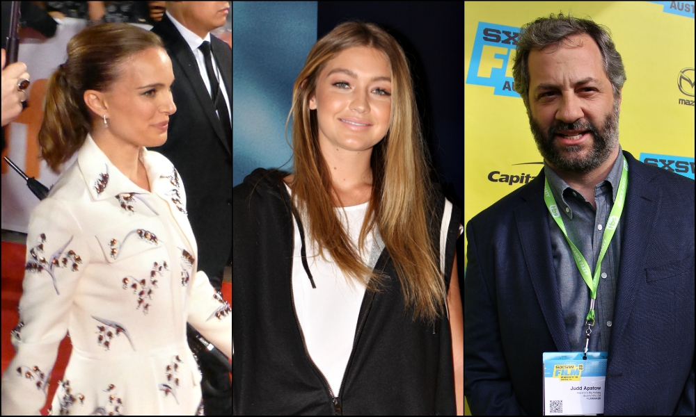 From left: Natalie Portman (Wikimedia Commons/GabboT); Gigi Hadid (Wikimedia Commons/Eva Rinaldi); Judd Apatow (Wikimedia Commons/Daniel Benavides)