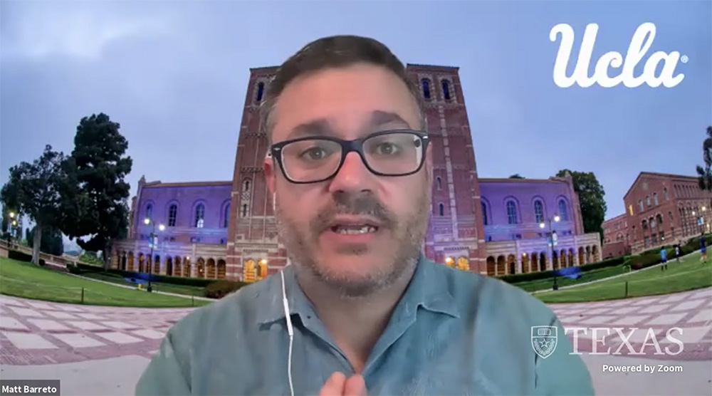 Matt Barreto speaks during the webinar "Unpacking the Latino Landscape: A Post-Mortem," hosted by the University of Texas' LBJ School of Public Affairs Jan. 27. (NCR screenshot/YouTube/The LBJ School) Matt Barreto speaks during the webinar "Unpacking the Latino Landscape: A Post-Mortem," hosted by the University of Texas' LBJ School of Public Affairs Jan. 27. (NCR screenshot/YouTube/The LBJ School)