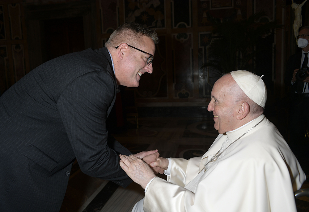 Aaron Bianco, a gay man who received death threats as a San Diego parish worker, meets with Pope Francis May 13 at the Vatican, after speaking at a conference on Amoris Laetitia ("The Joy of Love"). (Courtesy of Aaron Bianco)