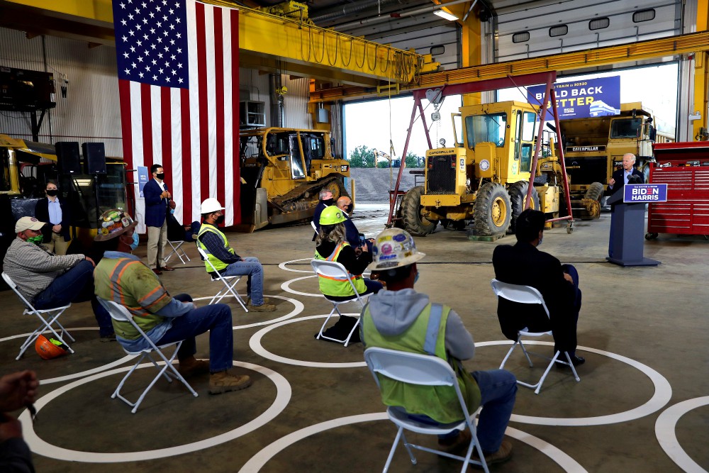 Democratic presidential candidate Joe Biden speaks to union workers after touring an operating engineers training facility during a campaign stop in New Alexandria, Pennsylvania, Sept. 30. (CNS/Reuters/Mike Segar)