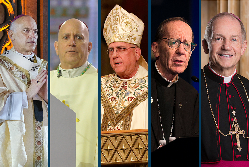 Archbishop Salvatore Cordileone of San Francisco; Archbishop Samuel Aquila of Denver Archbishop Joseph Naumann of Kansas City, Kansas; Bishop Thomas Olmsted of Phoenix; and Bishop Thomas Paprocki of Springfield, Illinois (CNS photos/Dennis Callahan, Archd