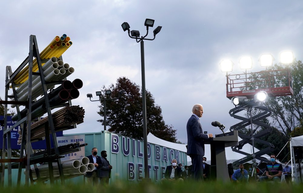 Democratic presidential candidate Joe Biden speaks to members of a plumbers' union in Erie, Pennsylvania, Oct. 10. (CNS/Reuters/Kevin Lamarque)