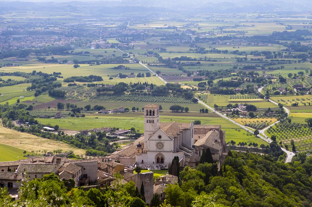 The Basilica of St. Francis of Assisi is seen from the Rocca Maggiore, a fortress on top of the hill above the town of Assisi, Italy, in May 28, 2013. (CNS/Octavio Duran)