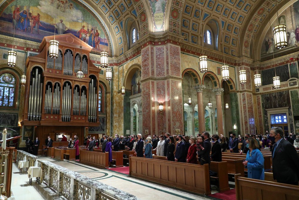 President-elect Joe Biden and his wife, Dr. Jill Biden and Vice President-elect Kamala Harris and her husband, Doug Emhoff, attend Mass with their families before the presidential inauguration at the Cathedral of St. Matthew the Apostle in Washington, D.C